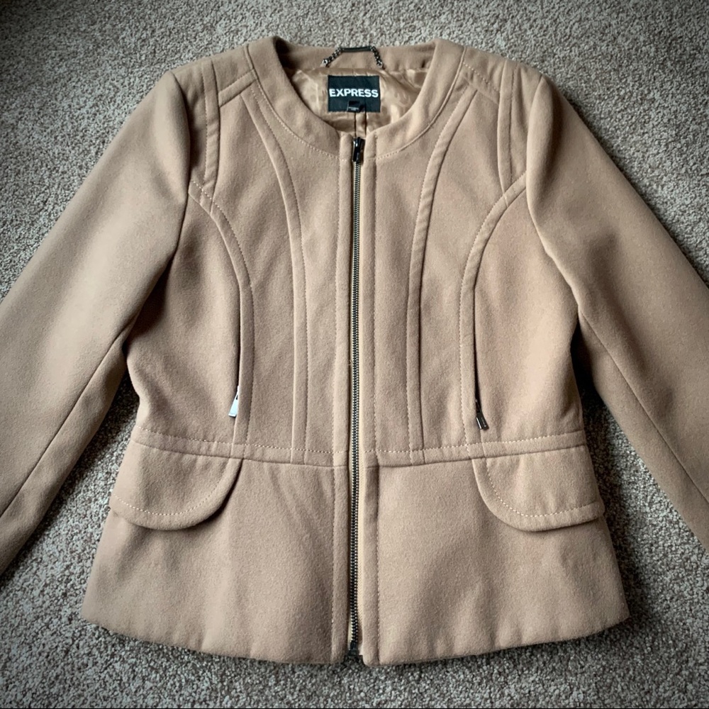 EXPRESS Tan Zip-Up Peplum Blazer